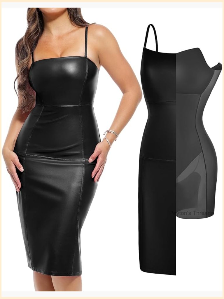 Faux Leather Bodycon Midi Dress With Shapewear And Side Zipper